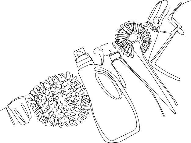 A black and white drawing of a brush a bottle of soap a bottle of shampoo and a brush