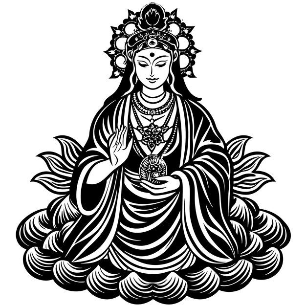 Vector a black and white drawing of a buddha with a gold ring around its neck