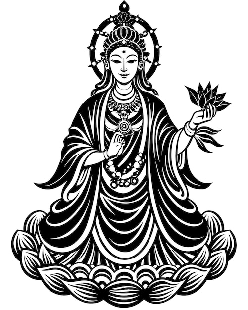 Vector a black and white drawing of a buddha with a lotus flower in the middle