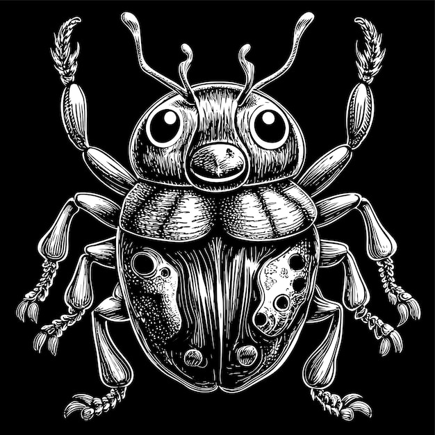 a black and white drawing of a bug with a black background