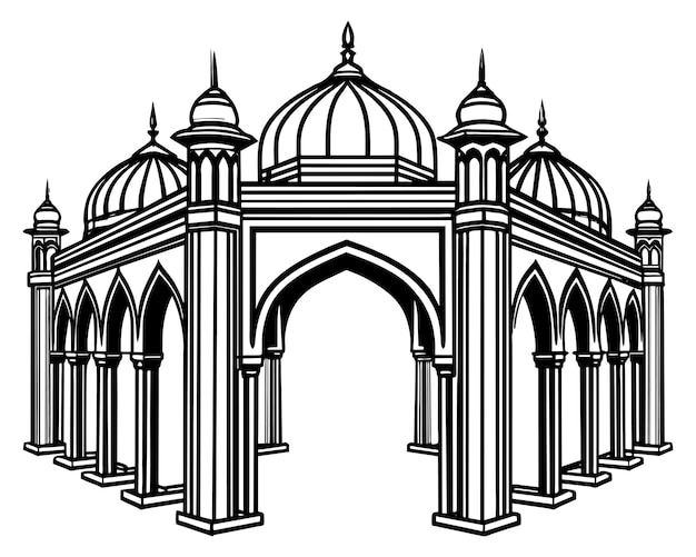 a black and white drawing of a building with a black and white image of a mosque