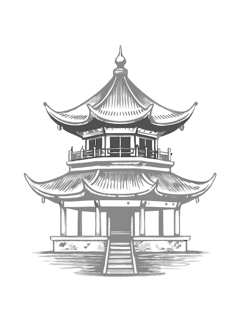 Vector a black and white drawing of a building with a chinese symbol on it