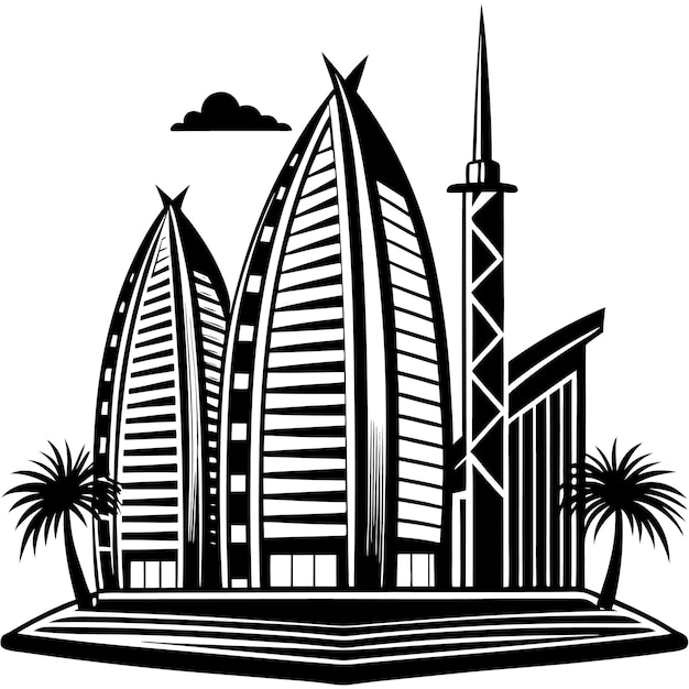 Vector black and white drawing of a building with palm trees and a tower with palm trees in the background