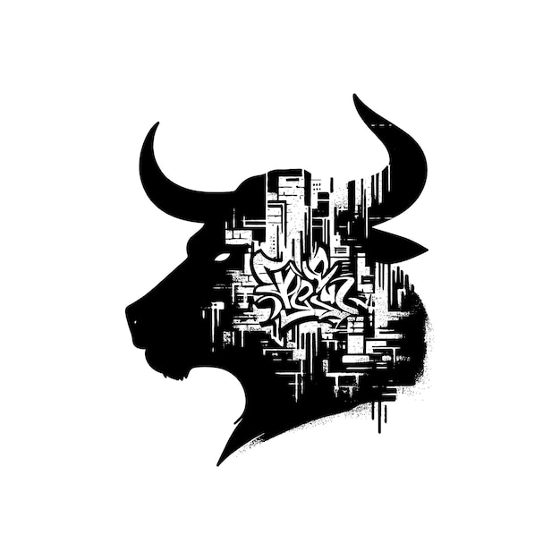 Vector a black and white drawing of a bull with a flower on it