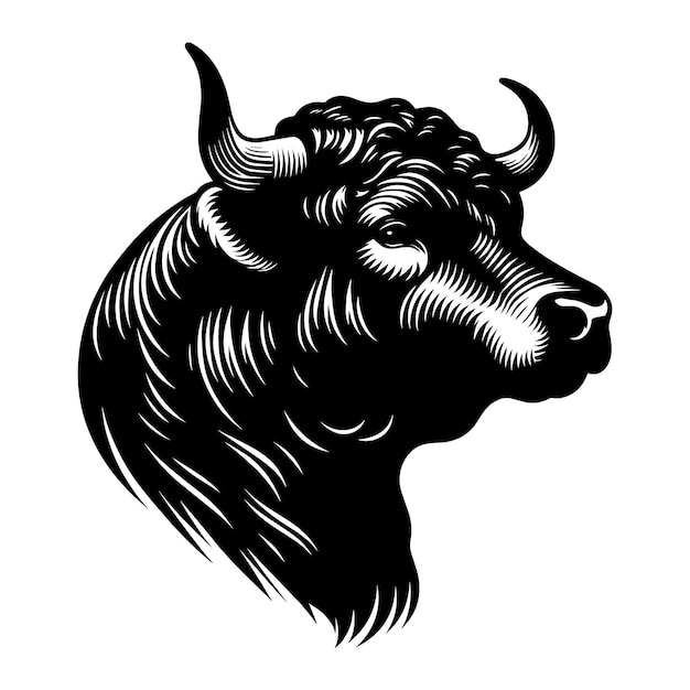 a black and white drawing of a bull with horns