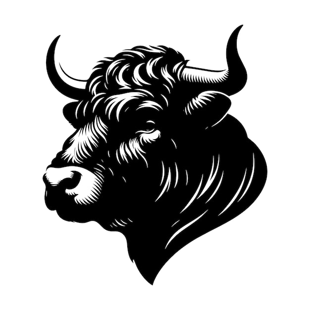 a black and white drawing of a bull with horns