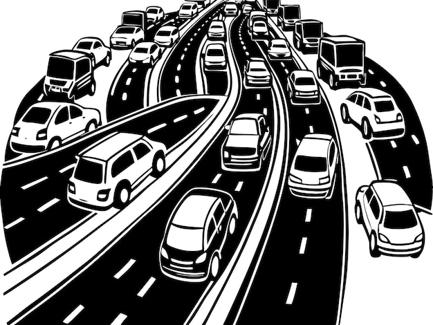 Vector a black and white drawing of a busy highway with cars and a line of cars on it