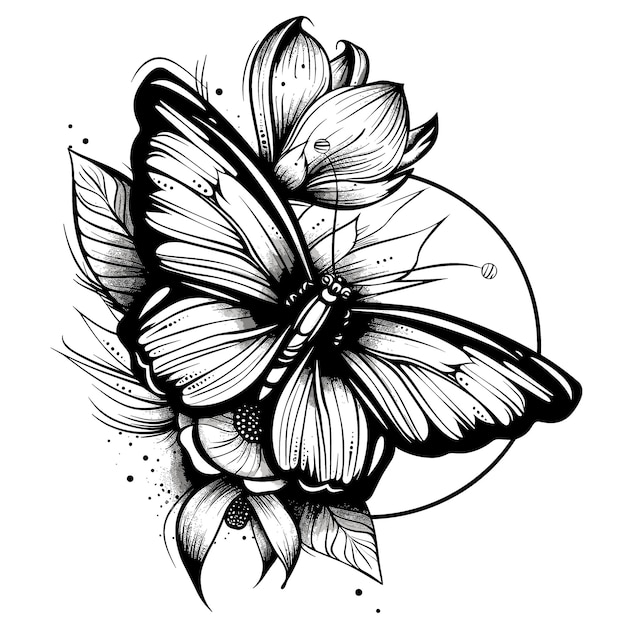 Vector a black and white drawing of a butterfly with flowers in the background