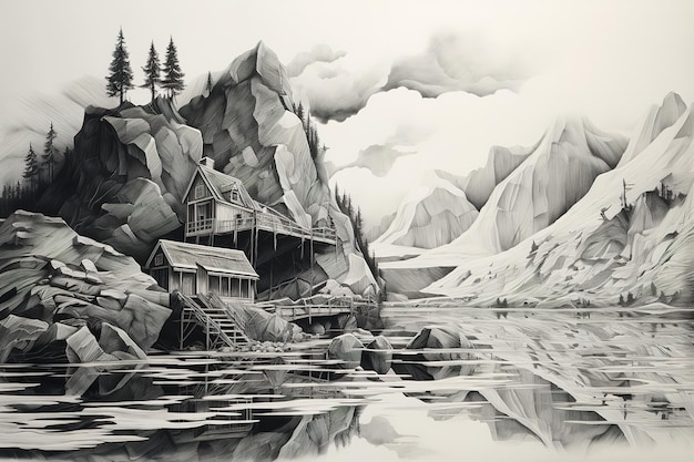 Vector a black and white drawing of a cabin in a mountain lake