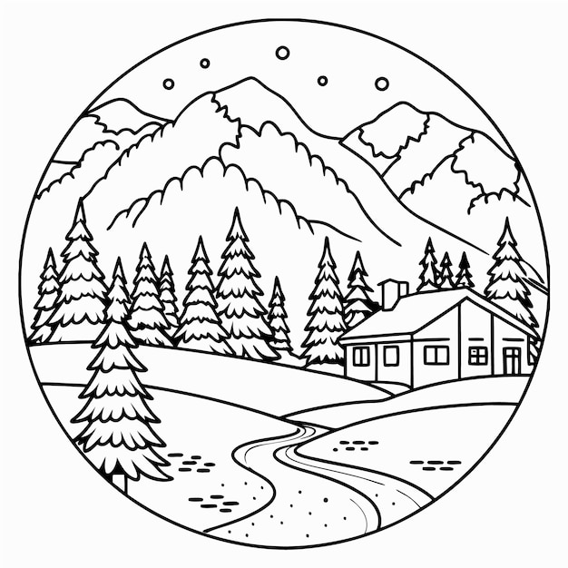 Vector a black and white drawing of a cabin with a mountain in the background