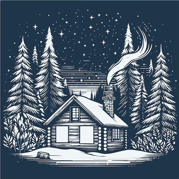 a black and white drawing of a cabin in the woods