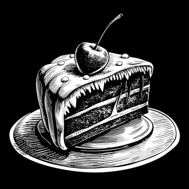 Vector a black and white drawing of a cake with a cherry on top