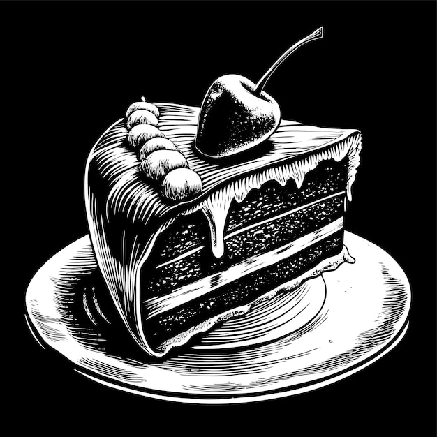 Vector a black and white drawing of a cake with a cherry on top