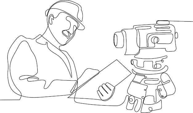 A black and white drawing of a camera operator reading a manual for a camera.