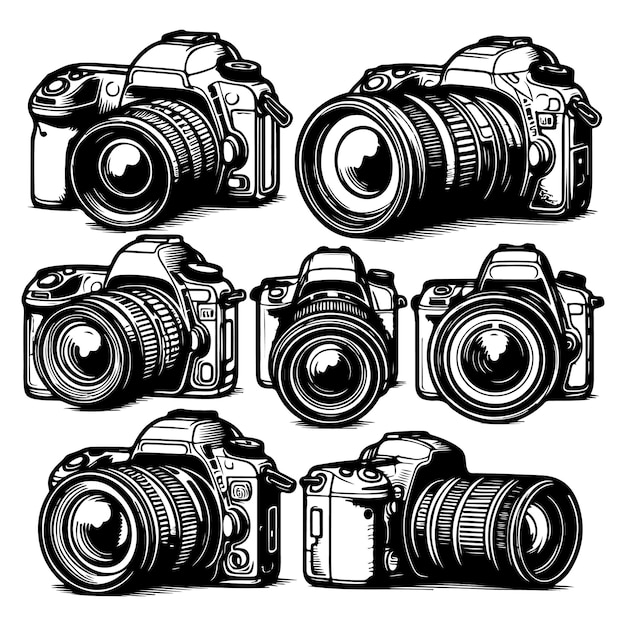 a black and white drawing of a camera with a black background