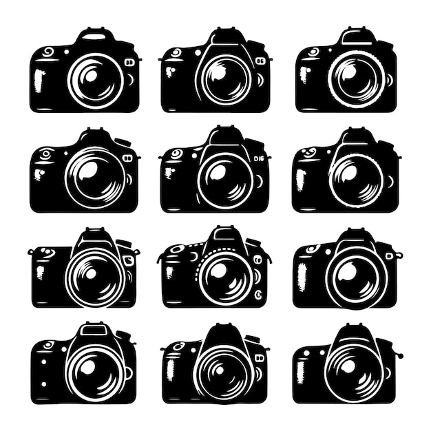 a black and white drawing of a camera with a black background