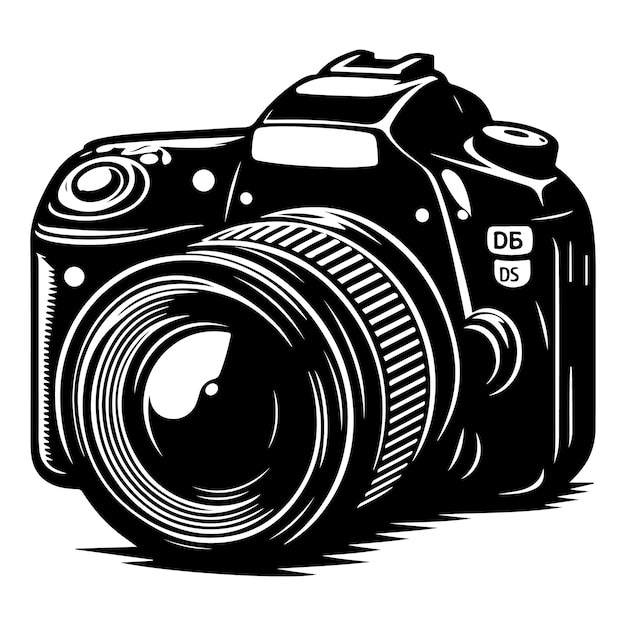 a black and white drawing of a camera with a black background