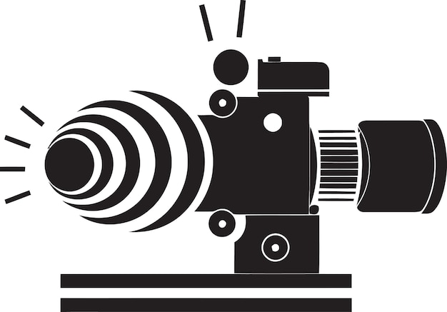 a black and white drawing of a camera with a lens flare