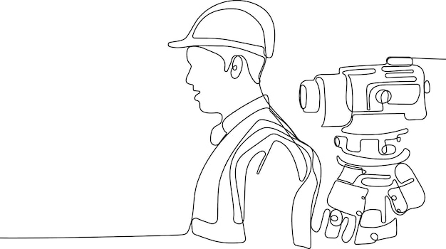 A black and white drawing of a cameraman behind a man wearing a hard hat.