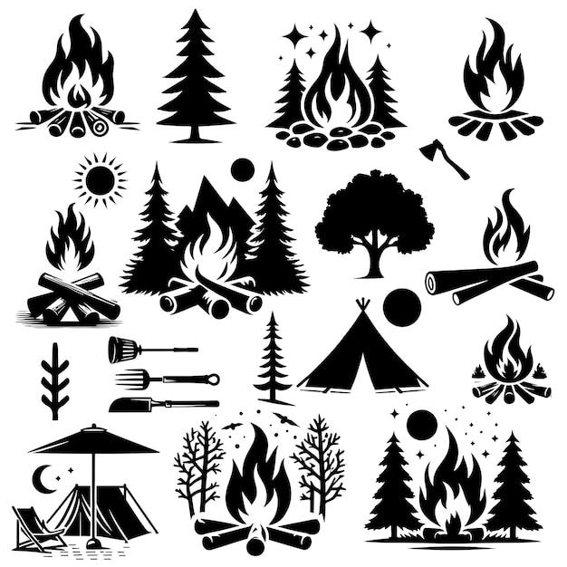 a black and white drawing of a campfire and trees