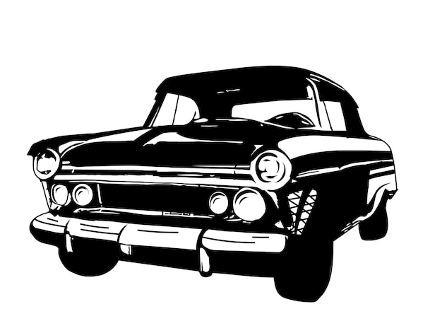 A black and white drawing of a car from the 1950s.