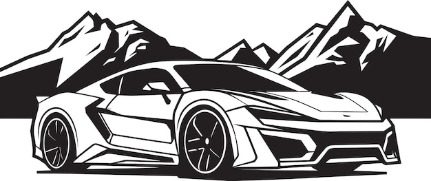 a black and white drawing of a car with a black and white background