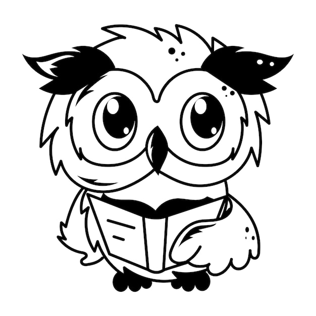 Vector a black and white drawing of a cartoon owl reading a book