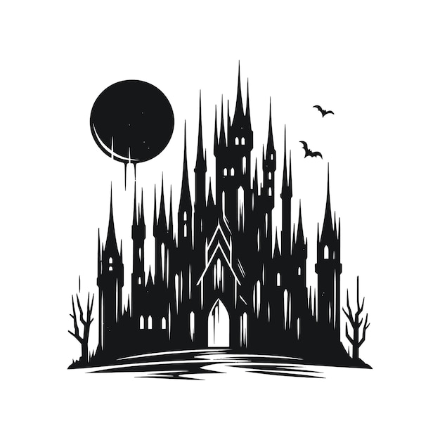 Vector a black and white drawing of a castle and a moon black haunted halloween castle