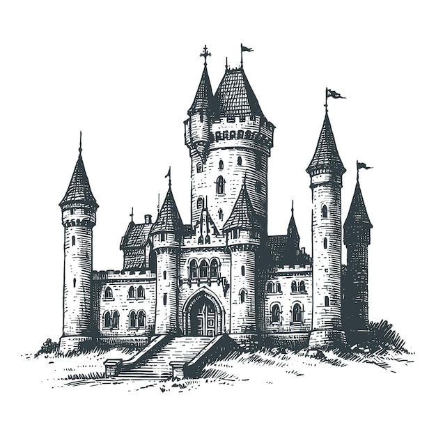 Vector a black and white drawing of a castle with a castle on the top