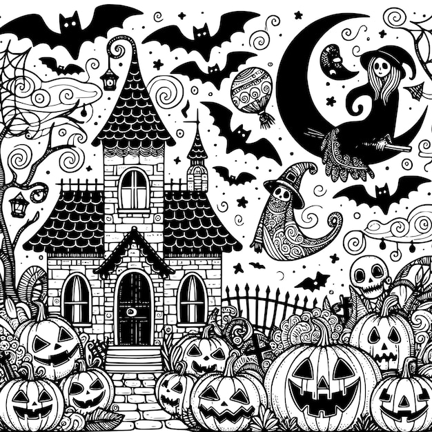 a black and white drawing of a castle with a pumpkin and witch on it