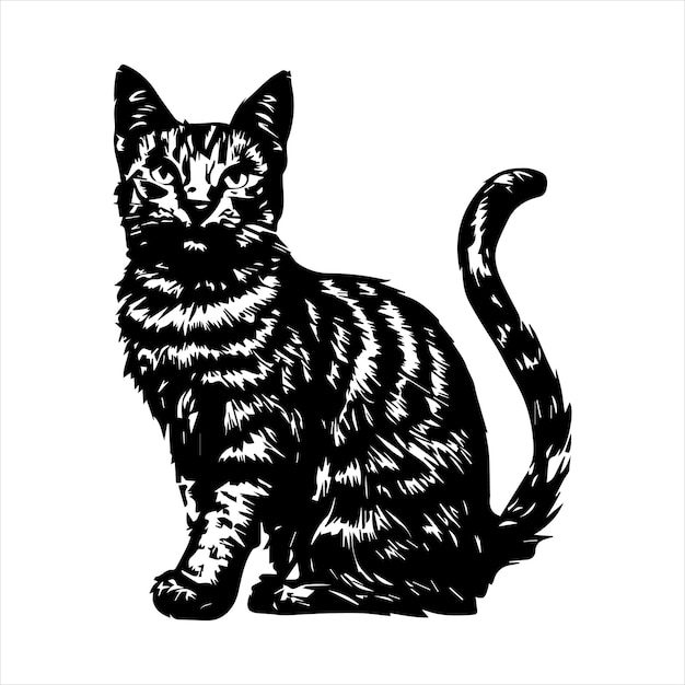 a black and white drawing of a cat with a black tail