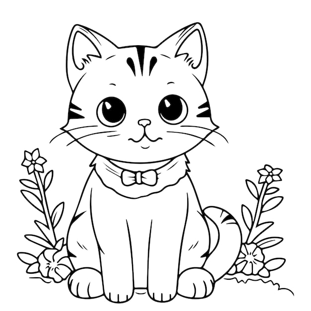 A black and white drawing of a cat with a bow tie.