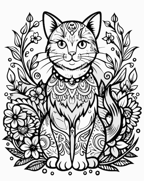 a black and white drawing of a cat with flowers in the middle