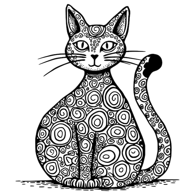 A black and white drawing of a cat with a pattern on it