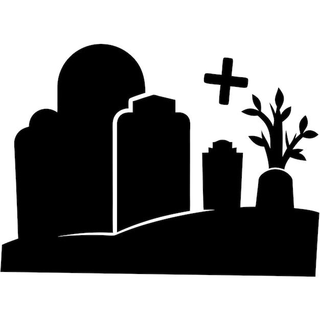 a black and white drawing of a cemetery with a plant and a cross