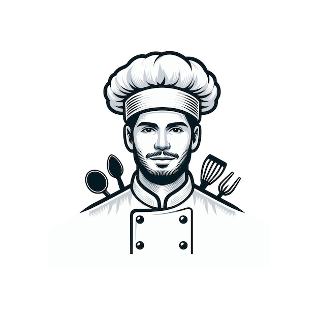 Vector a black and white drawing of a chef with a chef hat on it chef face logo