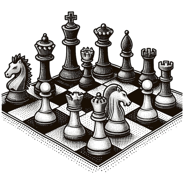 Vector a black and white drawing of a chess board with a horse and the words chess game on it