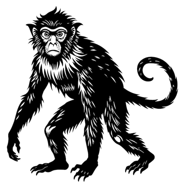 a black and white drawing of a chimpanzee