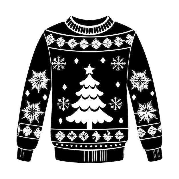 Vector a black and white drawing of a christmas sweater with a christmas tree on it