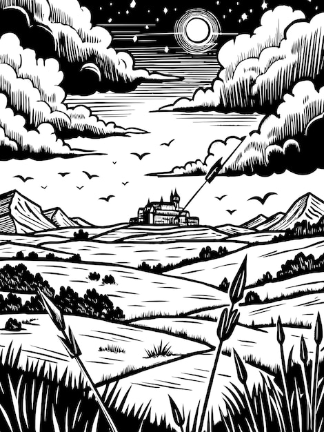 Vector a black and white drawing of a church with mountains in the background