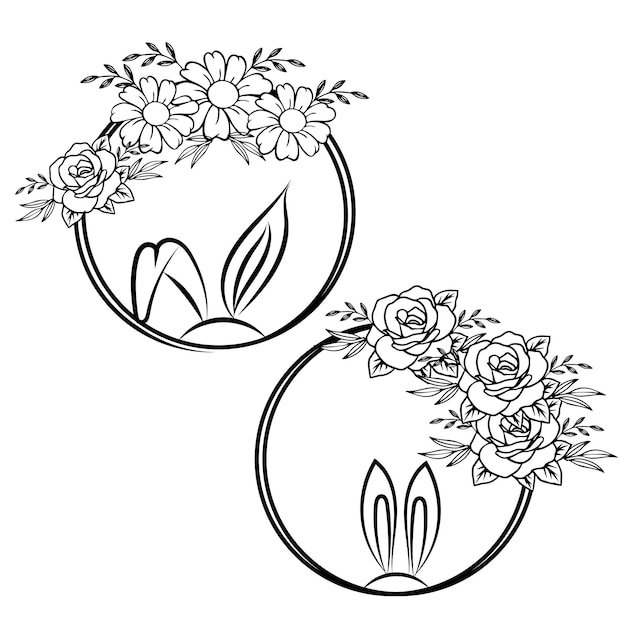 A black and white drawing of a circle with a wreath of flowers and a bunny.