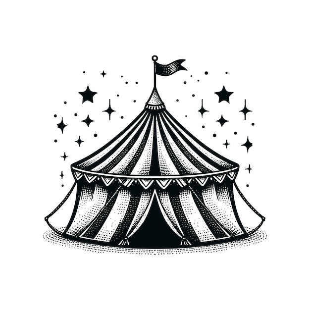 a black and white drawing of a circus tent with a flag on it