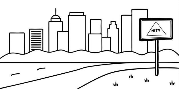 Vector a black and white drawing of a city skyline with a city in the background