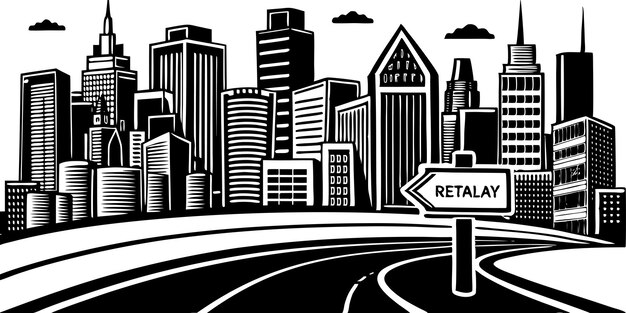 Vector a black and white drawing of a city with a sign that says shopping mall