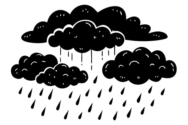 Vector a black and white drawing of a cloud with rain drops on it