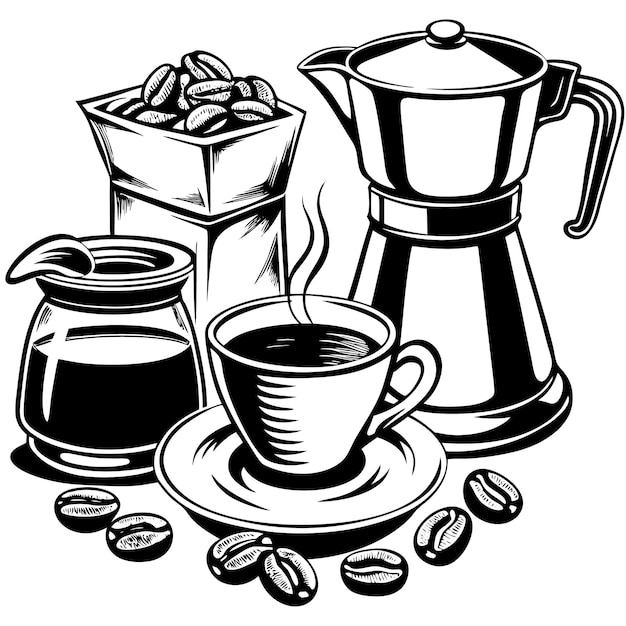 Vector a black and white drawing of coffee beans and coffee beans