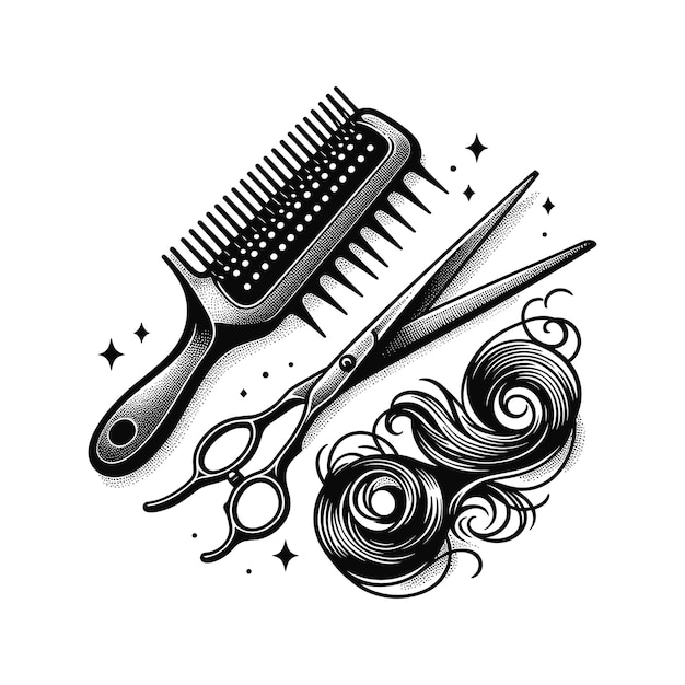 Vector a black and white drawing of a comb and scissors