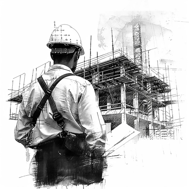 a black and white drawing of a construction worker reading a book