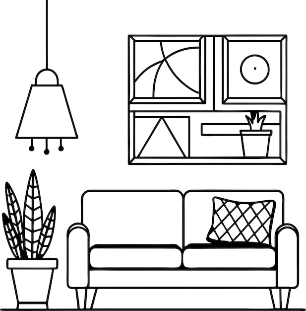 Vector a black and white drawing of a couch and a lamp