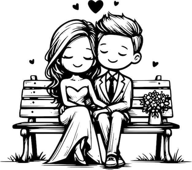 Vector a black and white drawing of a couple on a bench with hearts and the word love